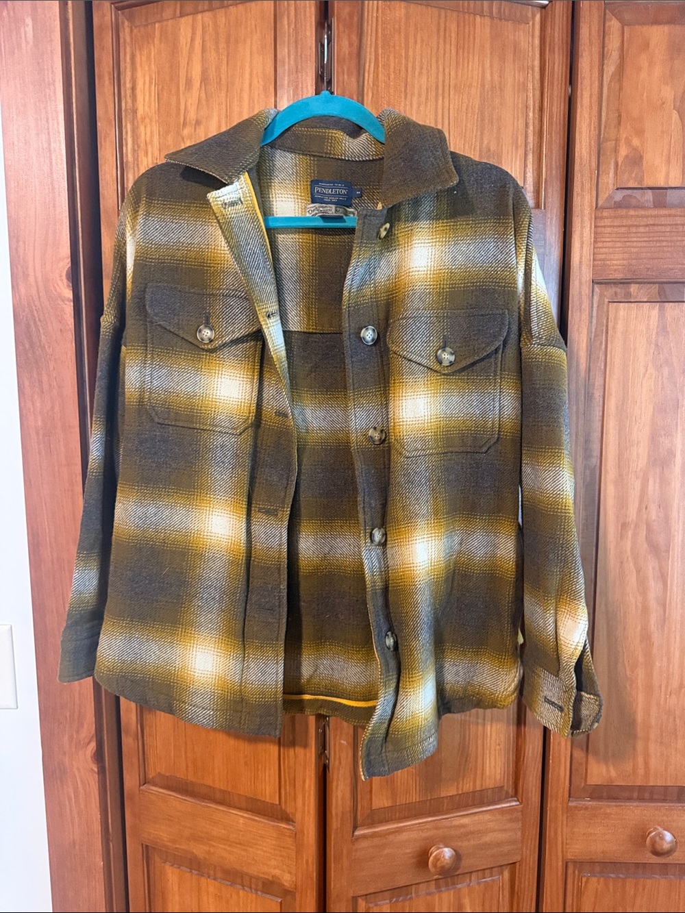 Pendleton Olive and Mustard Plaid Wool Utility Shacket